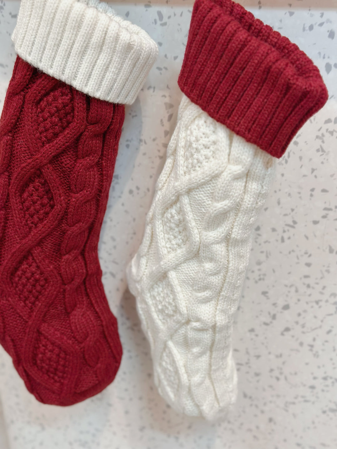 Chunky Braid Knitted Cream And Deep Red Christmas Stocking Set (pair)