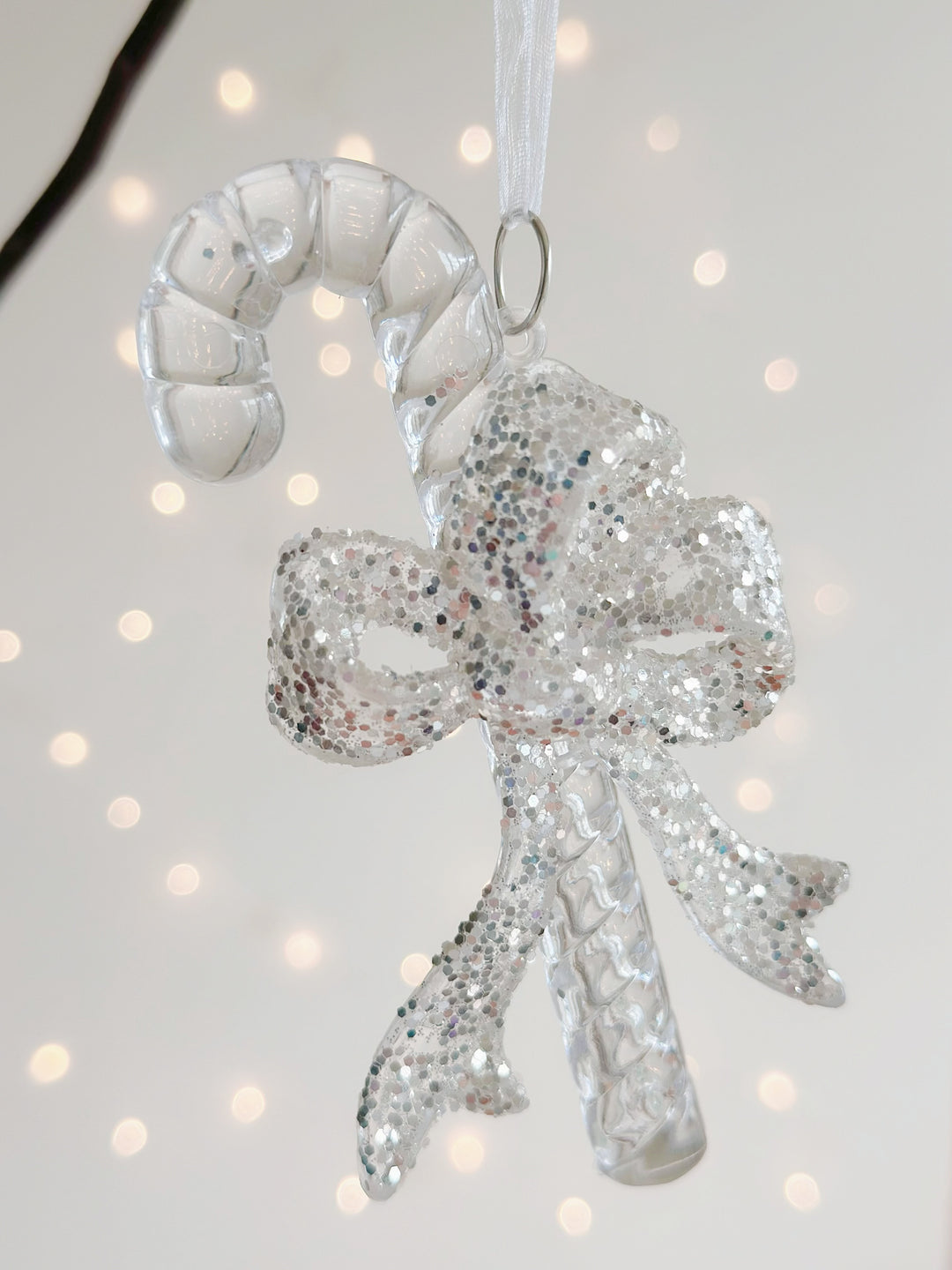 Glittering Candy Cane Bow Ornament