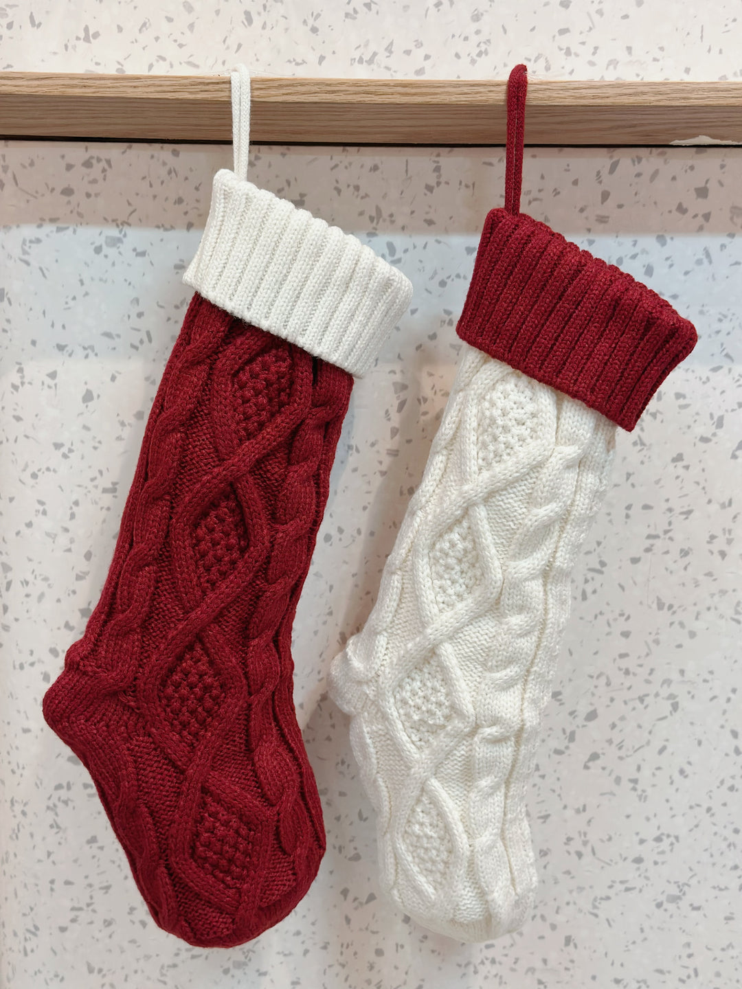 Chunky Braid Knitted Cream And Deep Red Christmas Stocking Set (pair)