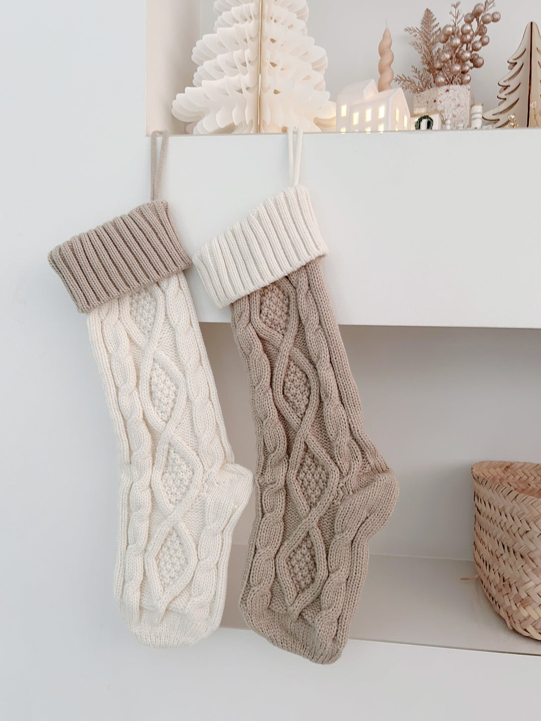 Chunky Braid Knitted Cream And Latte Christmas Stocking Set (pair)