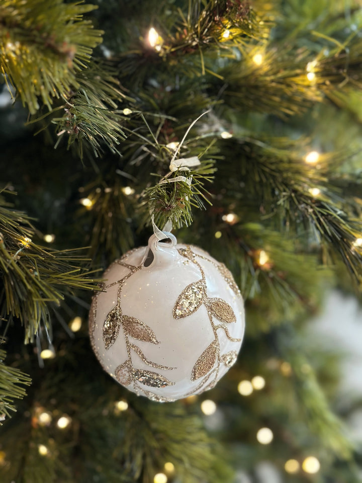 Elegant Champagne Leaves White Glass Bauble (4 options)