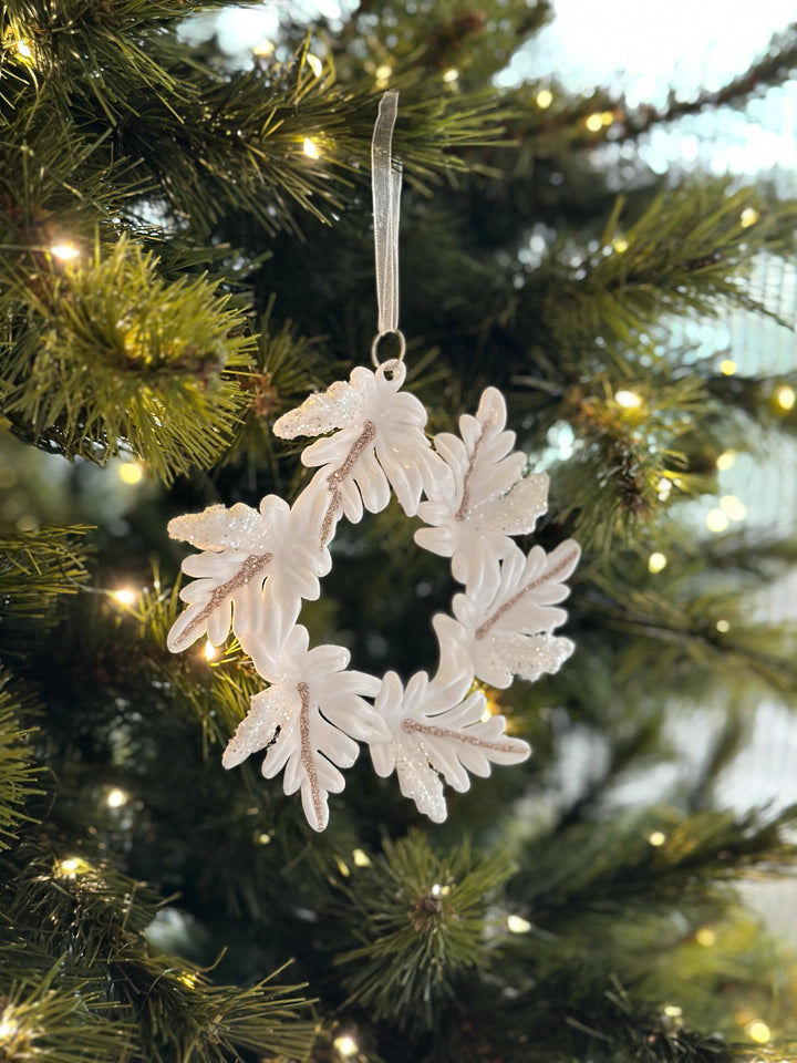 Champagne Gold Rim White Leaves Wreath Ornament