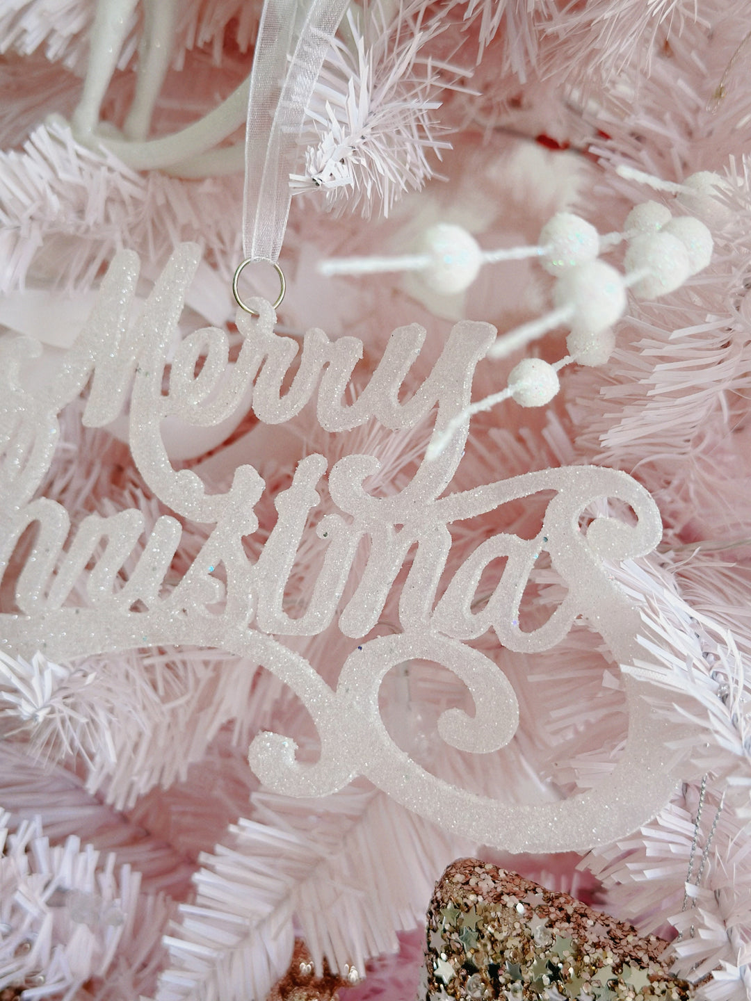 White Glittery Merry Christmas Hanging Ornament