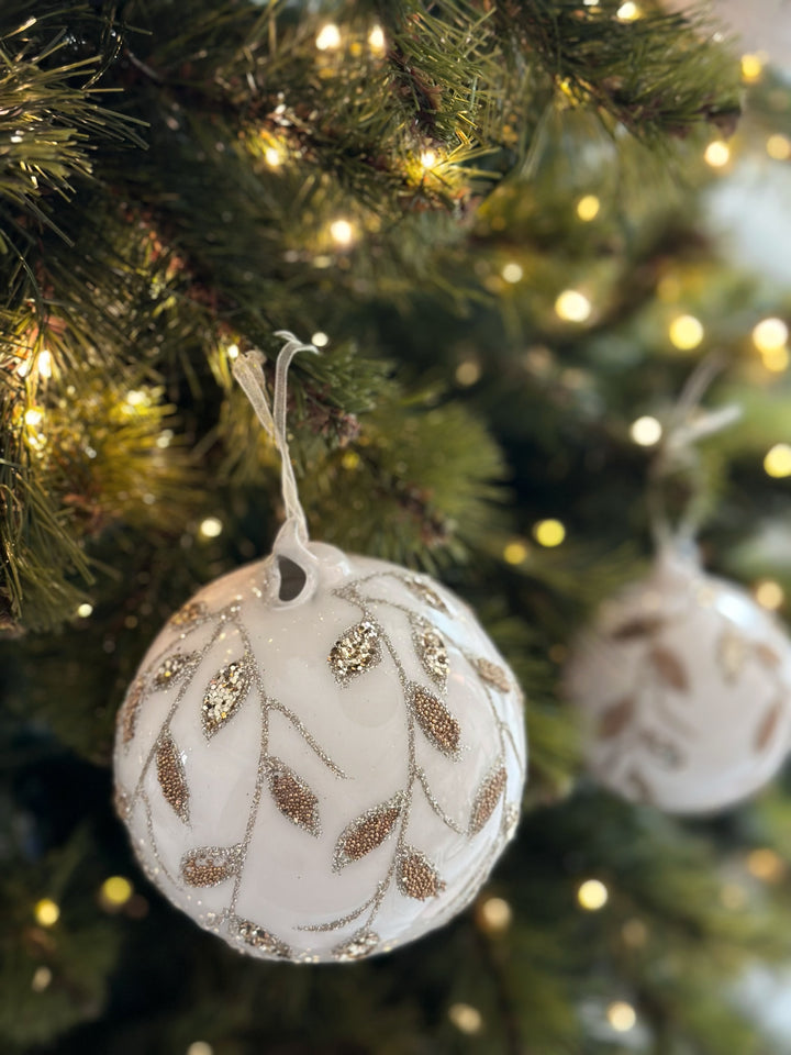 Elegant Champagne Leaves White Glass Bauble (4 options)