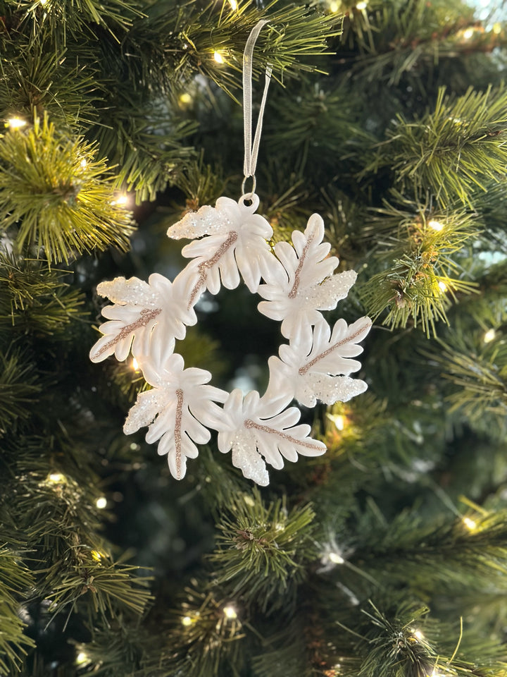 Champagne Gold Rim White Leaves Wreath Ornament