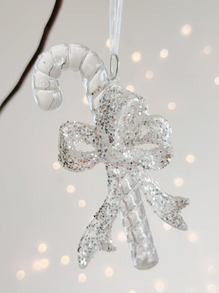 Glittering Candy Cane Bow Ornament