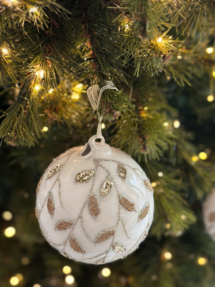 Elegant Champagne Leaves White Glass Bauble (4 options)