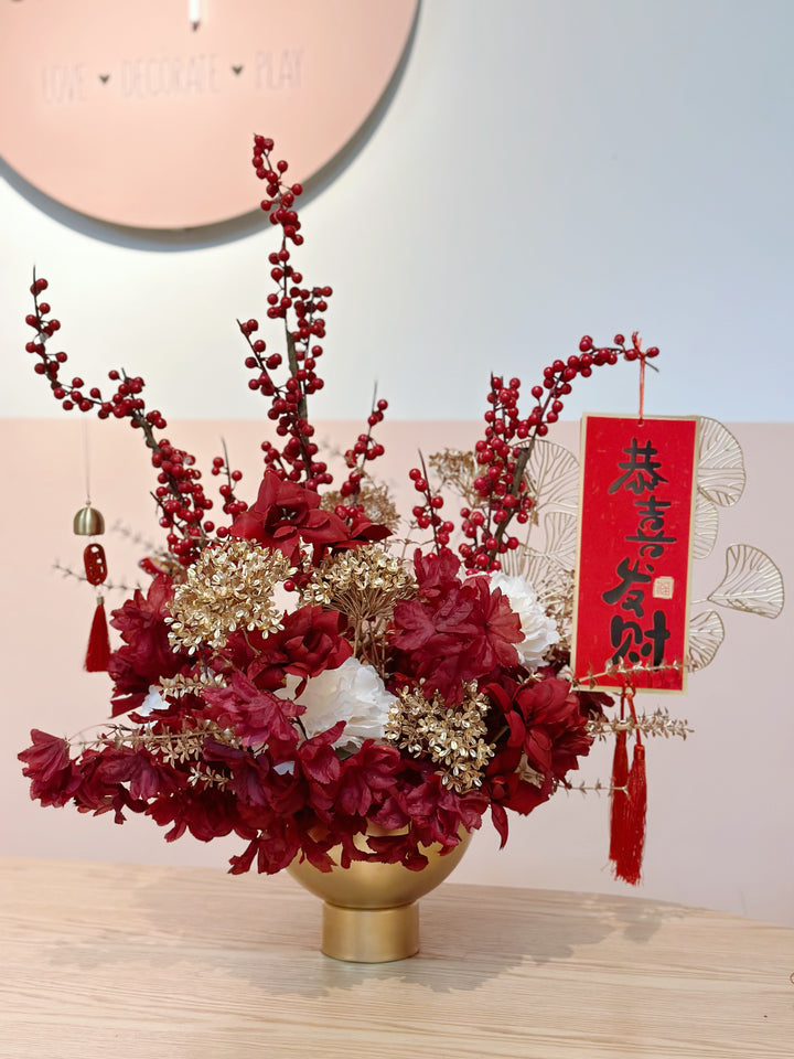 Prosperous Elegance: Grand Red & Gold Blooms in The Pot