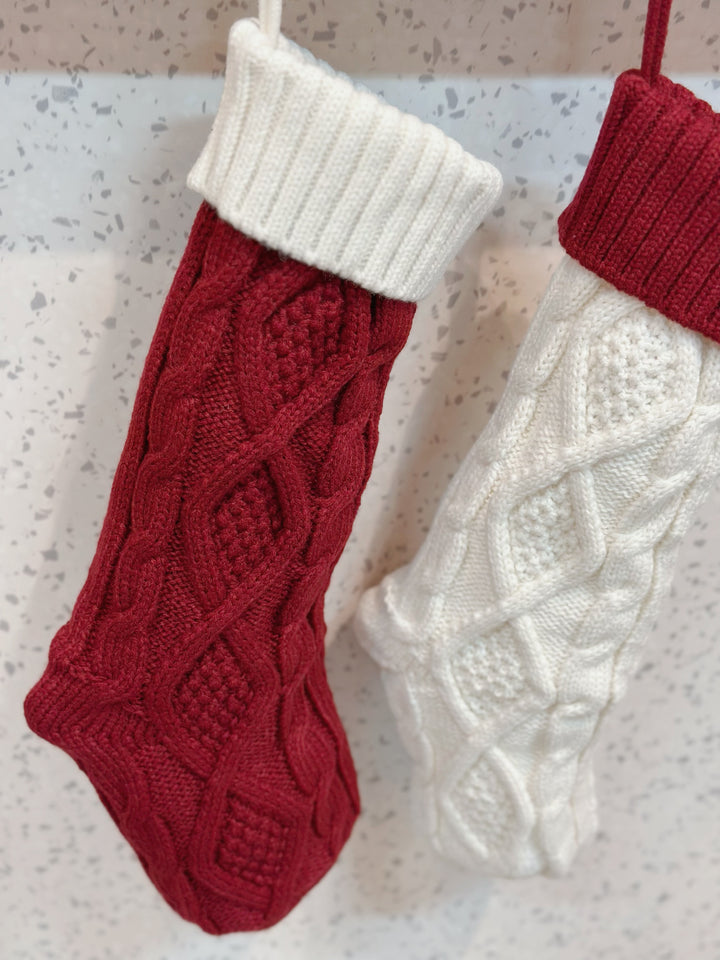 Chunky Braid Knitted Cream And Deep Red Christmas Stocking Set (pair)