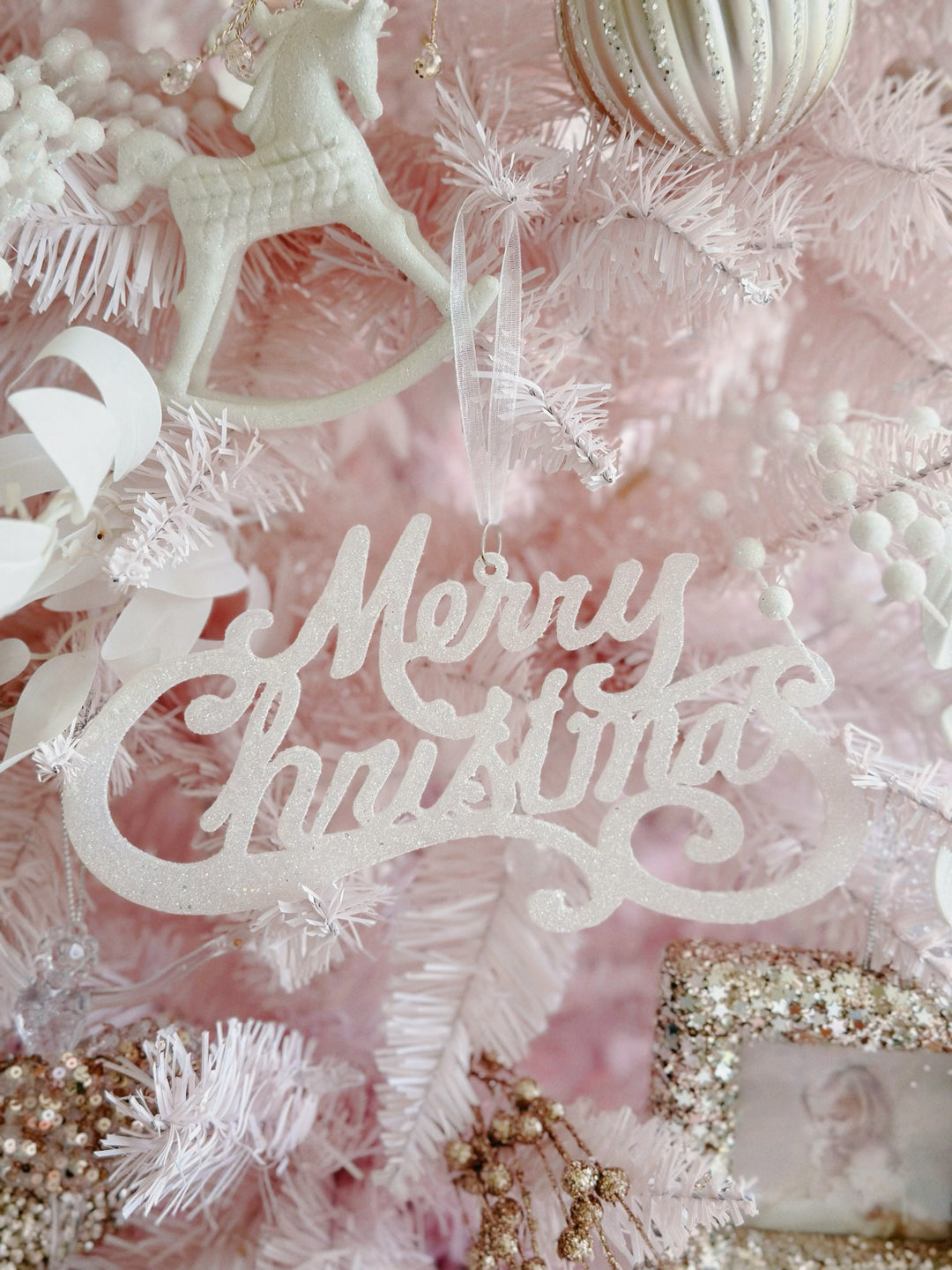 White Glittery Merry Christmas Hanging Ornament