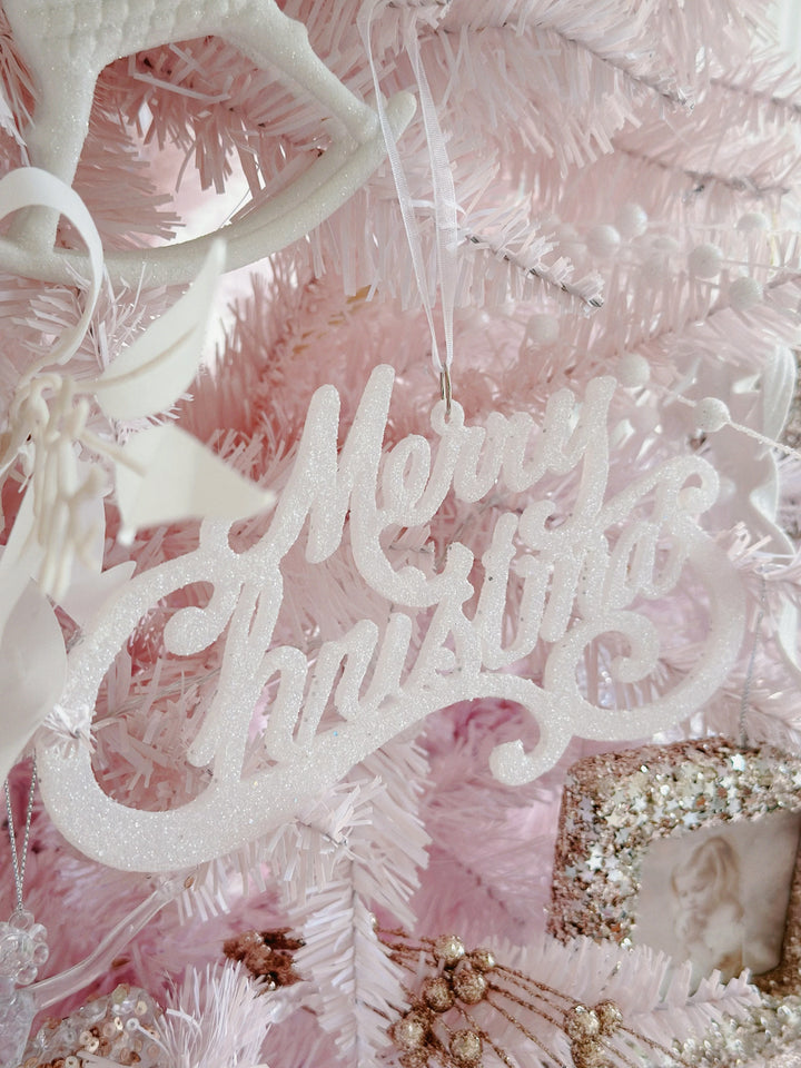 White Glittery Merry Christmas Hanging Ornament