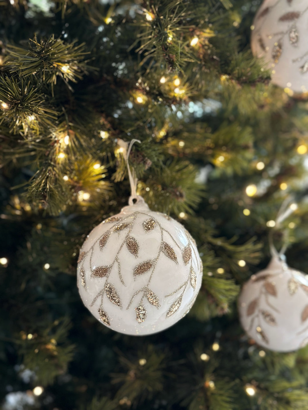 Elegant Champagne Leaves White Glass Bauble (4 options)