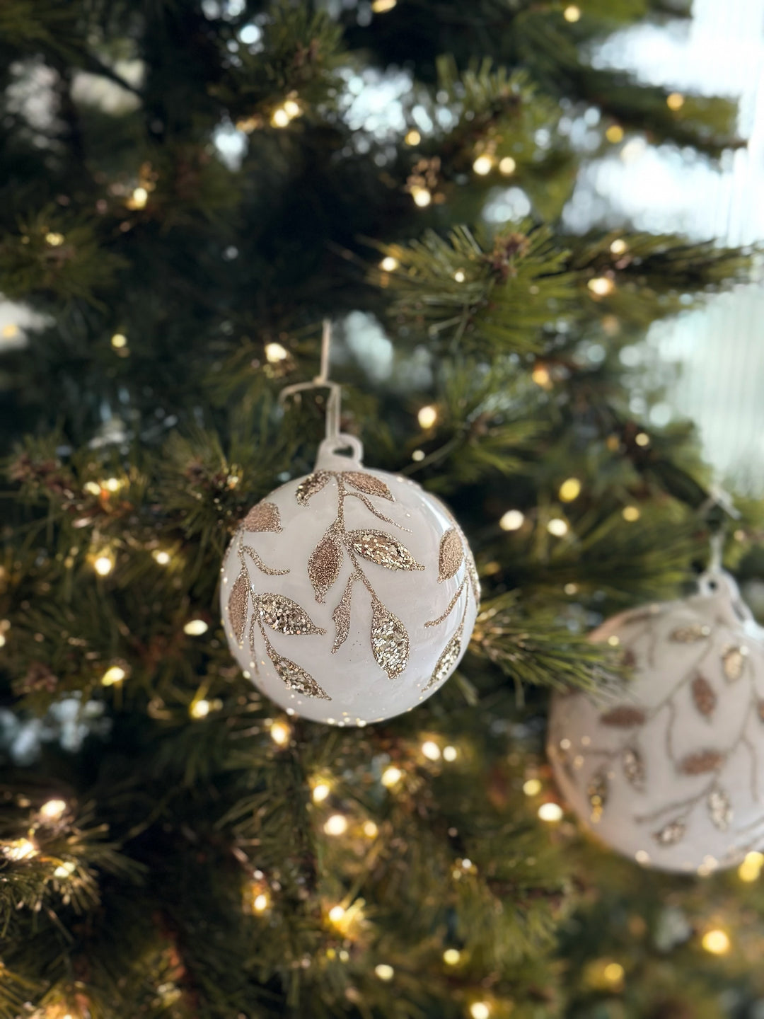 Elegant Champagne Leaves White Glass Bauble (4 options)