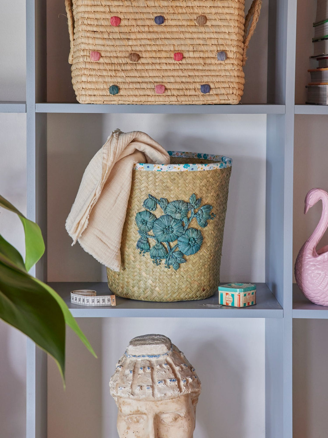 Blue Flower Embroidery Small Round Raffia Basket