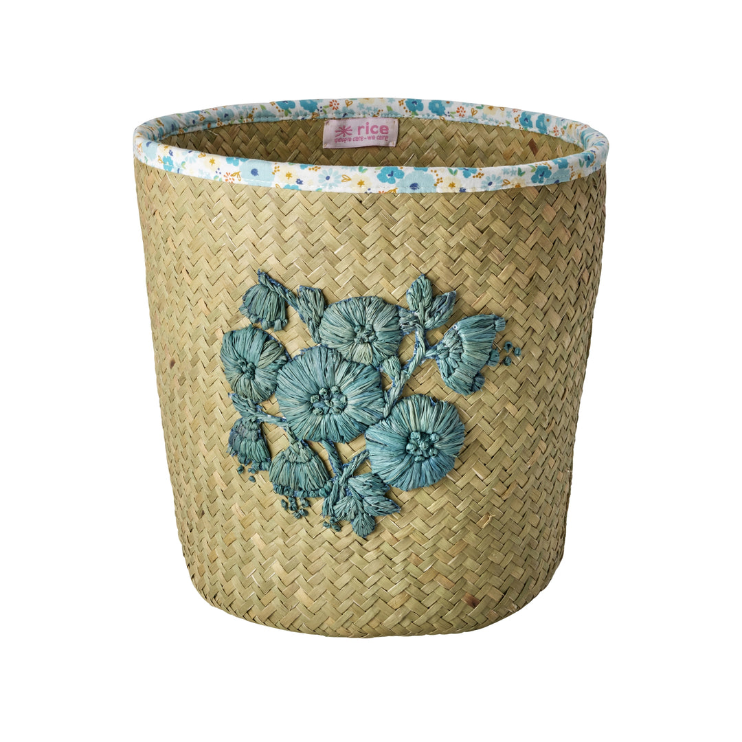 Blue Flower Embroidery Small Round Raffia Basket