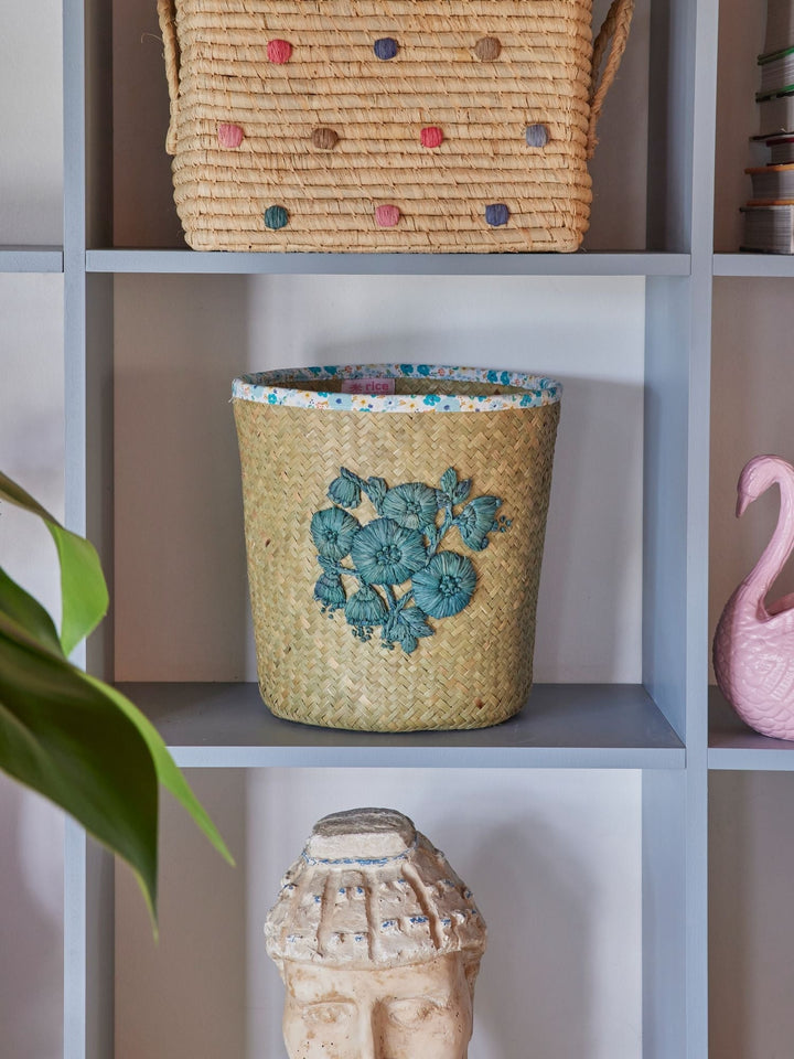 Blue Flower Embroidery Small Round Raffia Basket