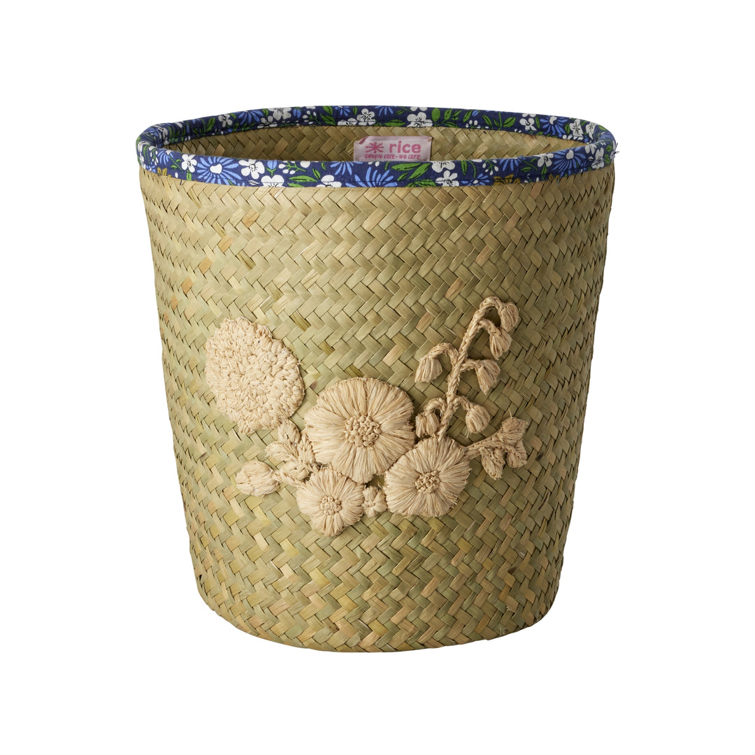 Natural Flower Embroidery Small Round Raffia Basket