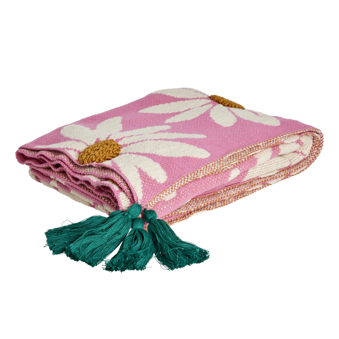 Cotton Knitted Blanket in Pink with Embossed Flowers and Green Tassels