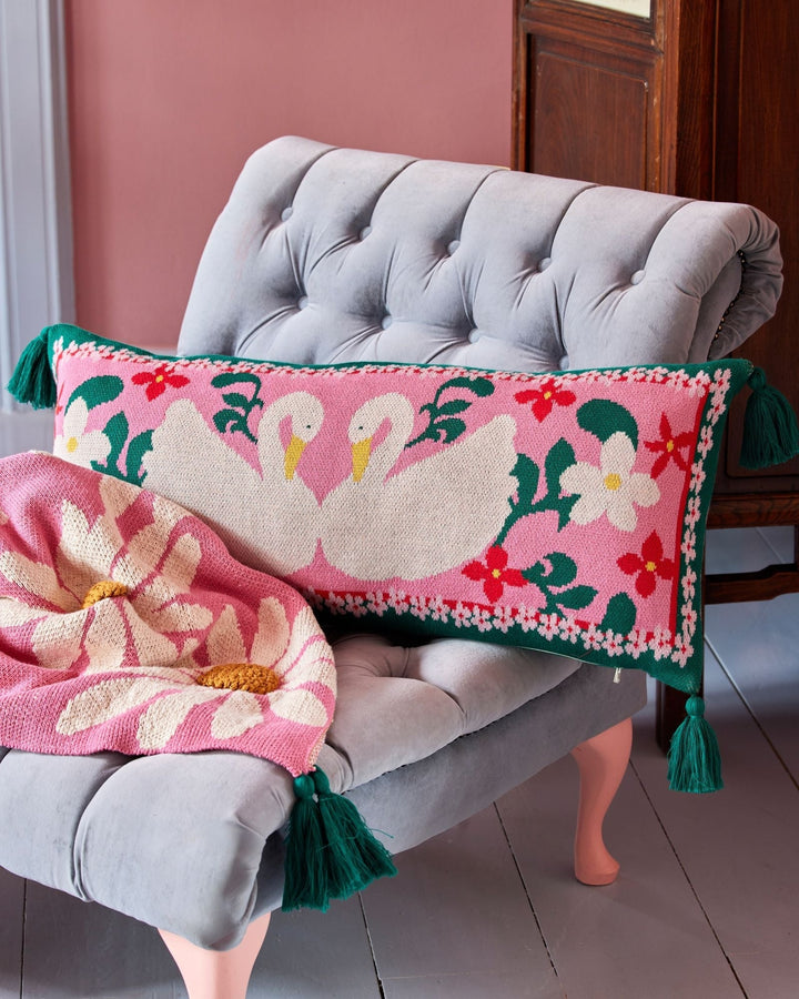 Large Rectangular Knitted Cushion with Swans and Tassels