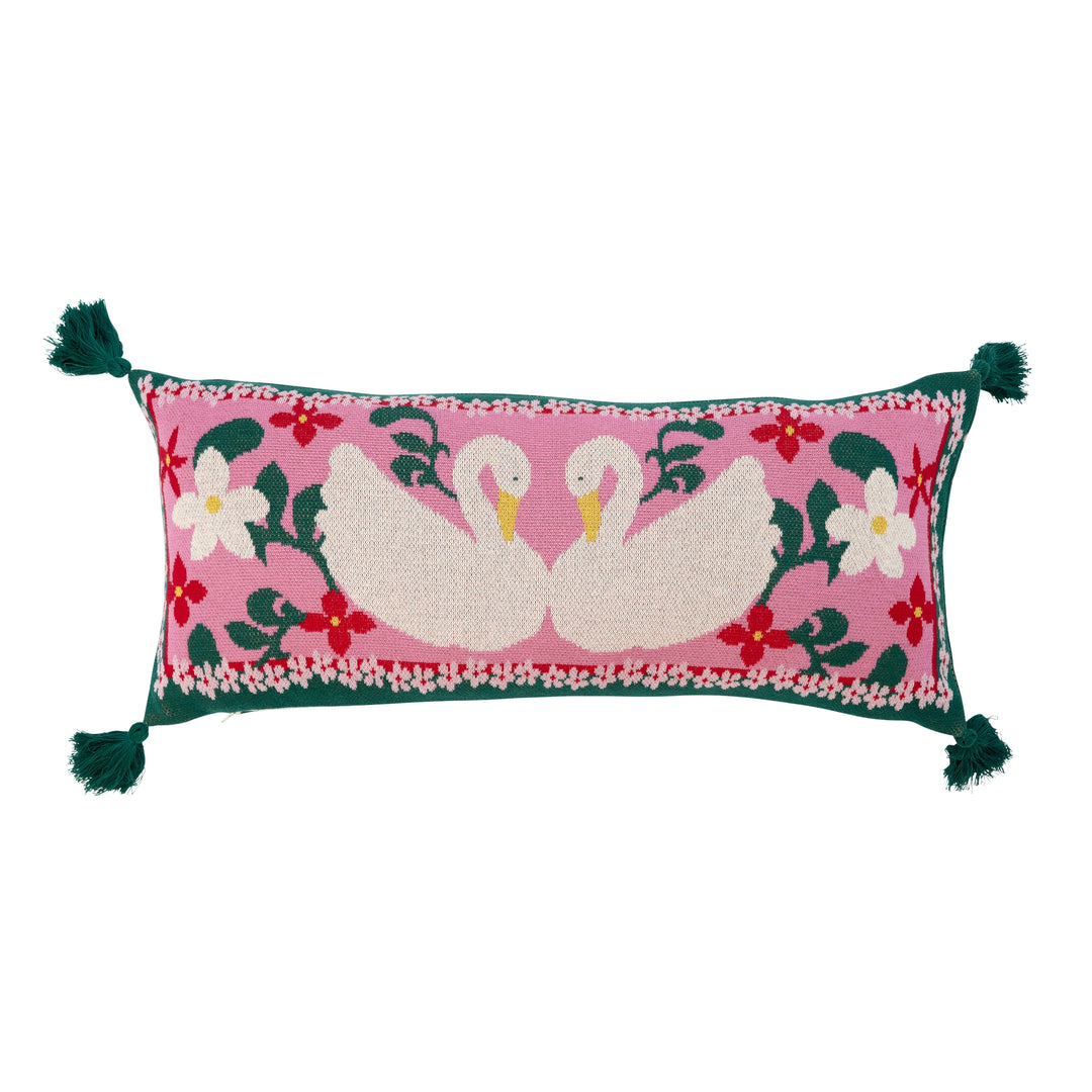 Large Rectangular Knitted Cushion with Swans and Tassels