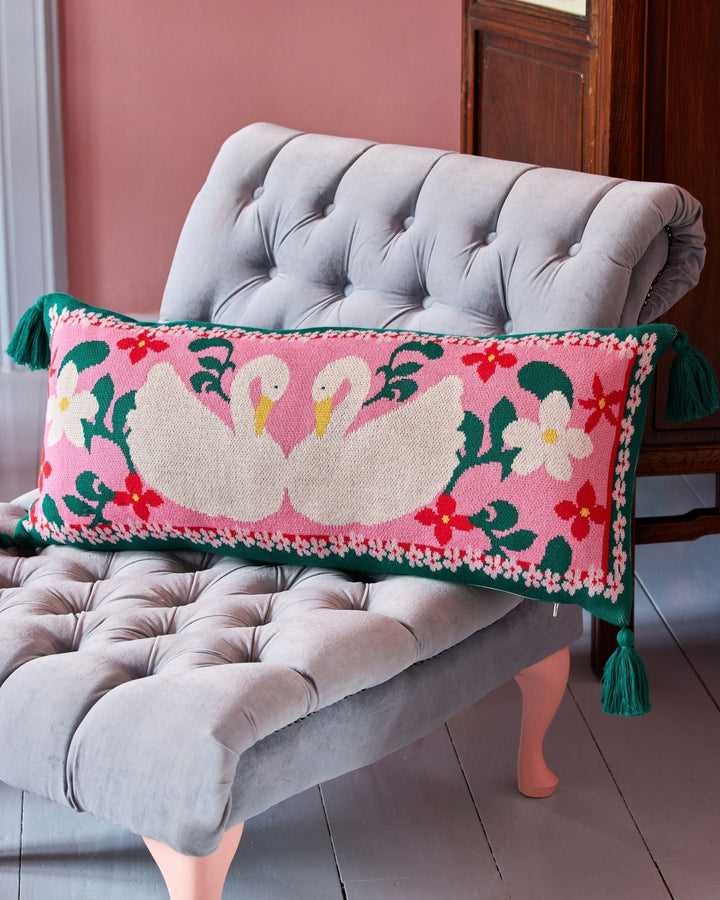 Large Rectangular Knitted Cushion with Swans and Tassels