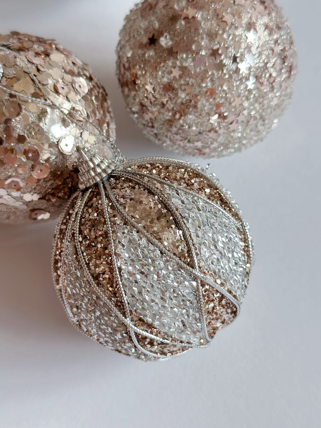 Glittery Champagne Gold Bauble Set (set of 4)