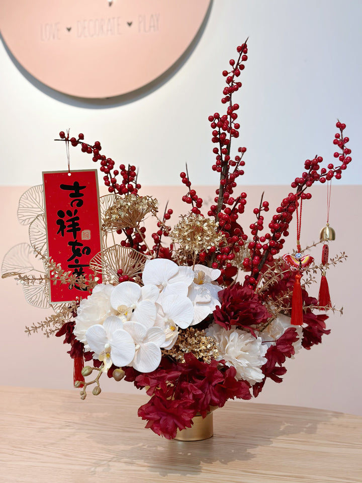 Prosperous Elegance: Grand Red & Gold Blooms in The Pot