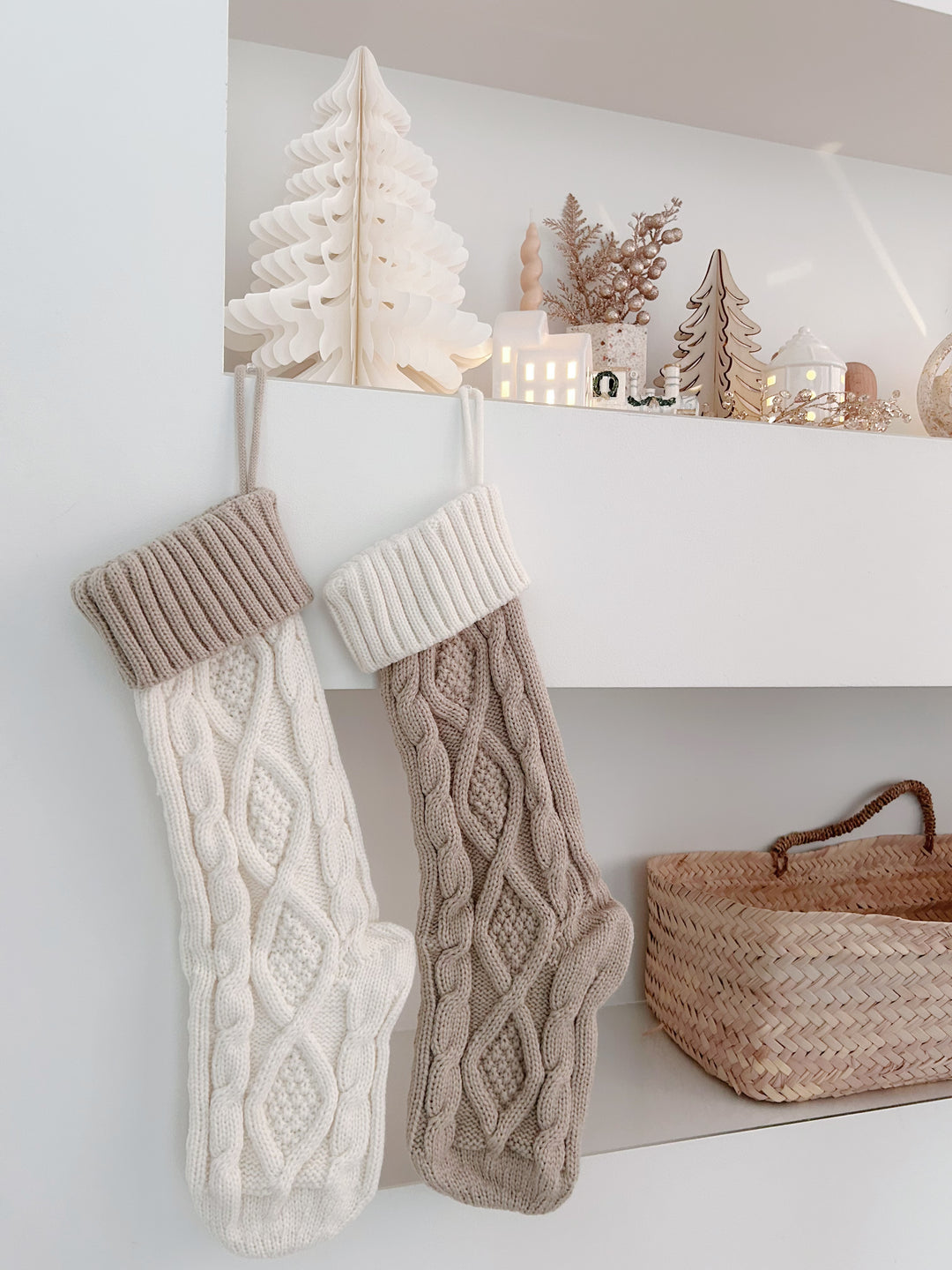 Chunky Braid Knitted Cream And Latte Christmas Stocking Set (pair)