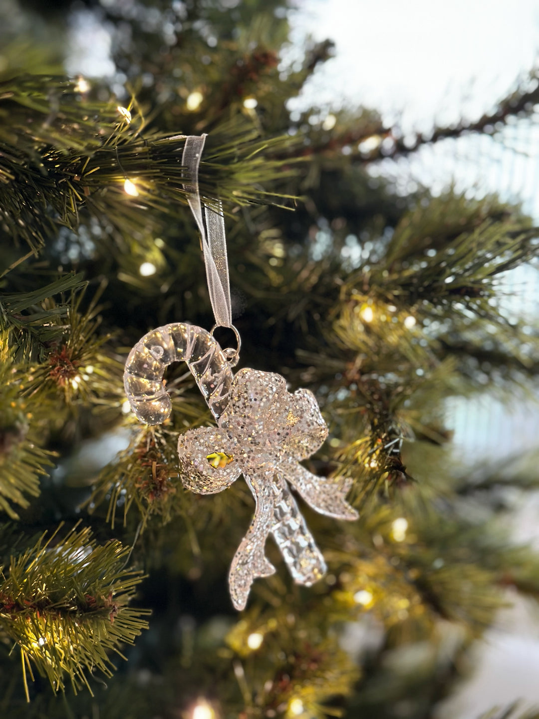 Glittering Candy Cane Bow Ornament