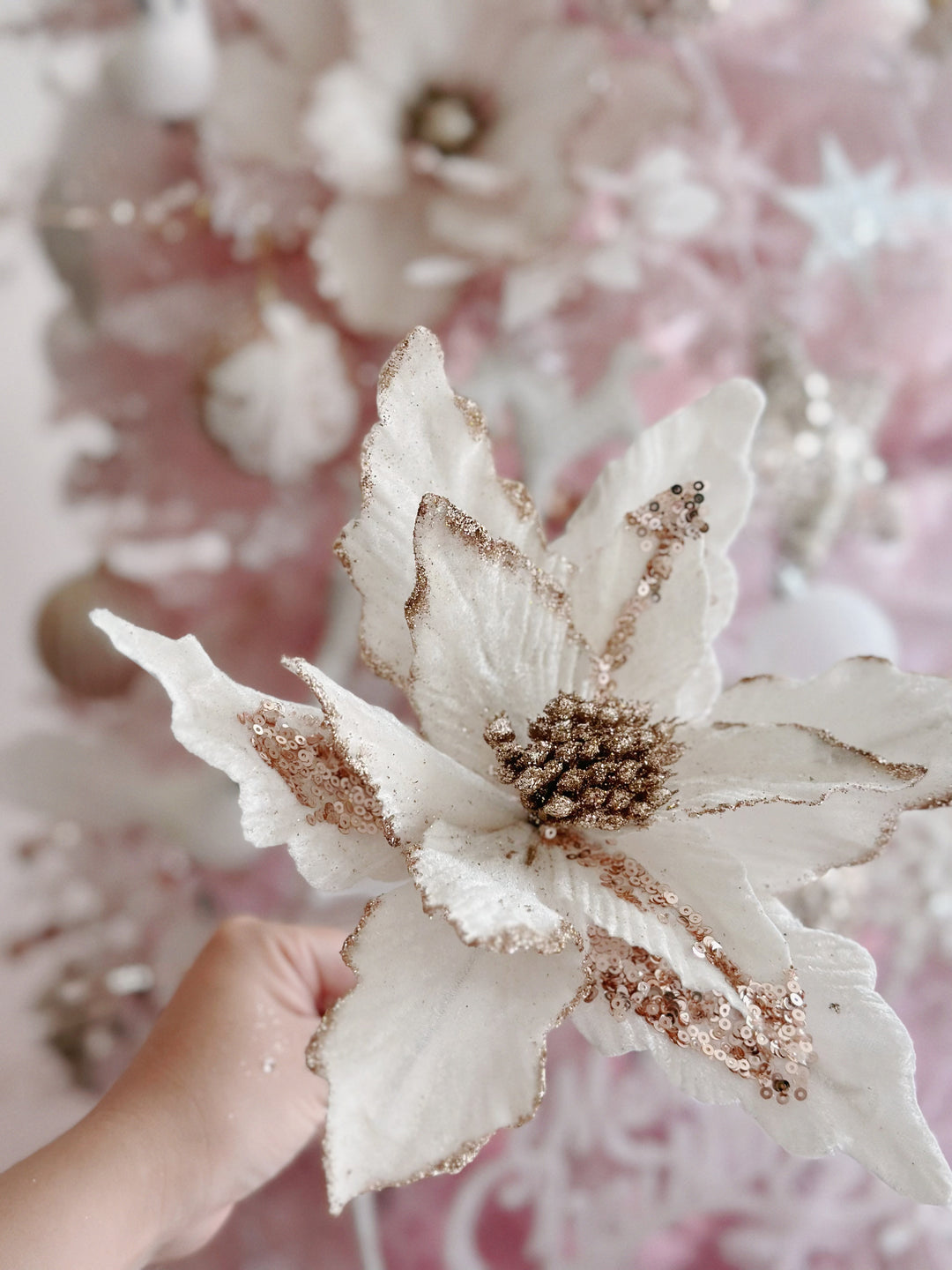 Velvety Creamy White Beaded Artificial Poinsettia