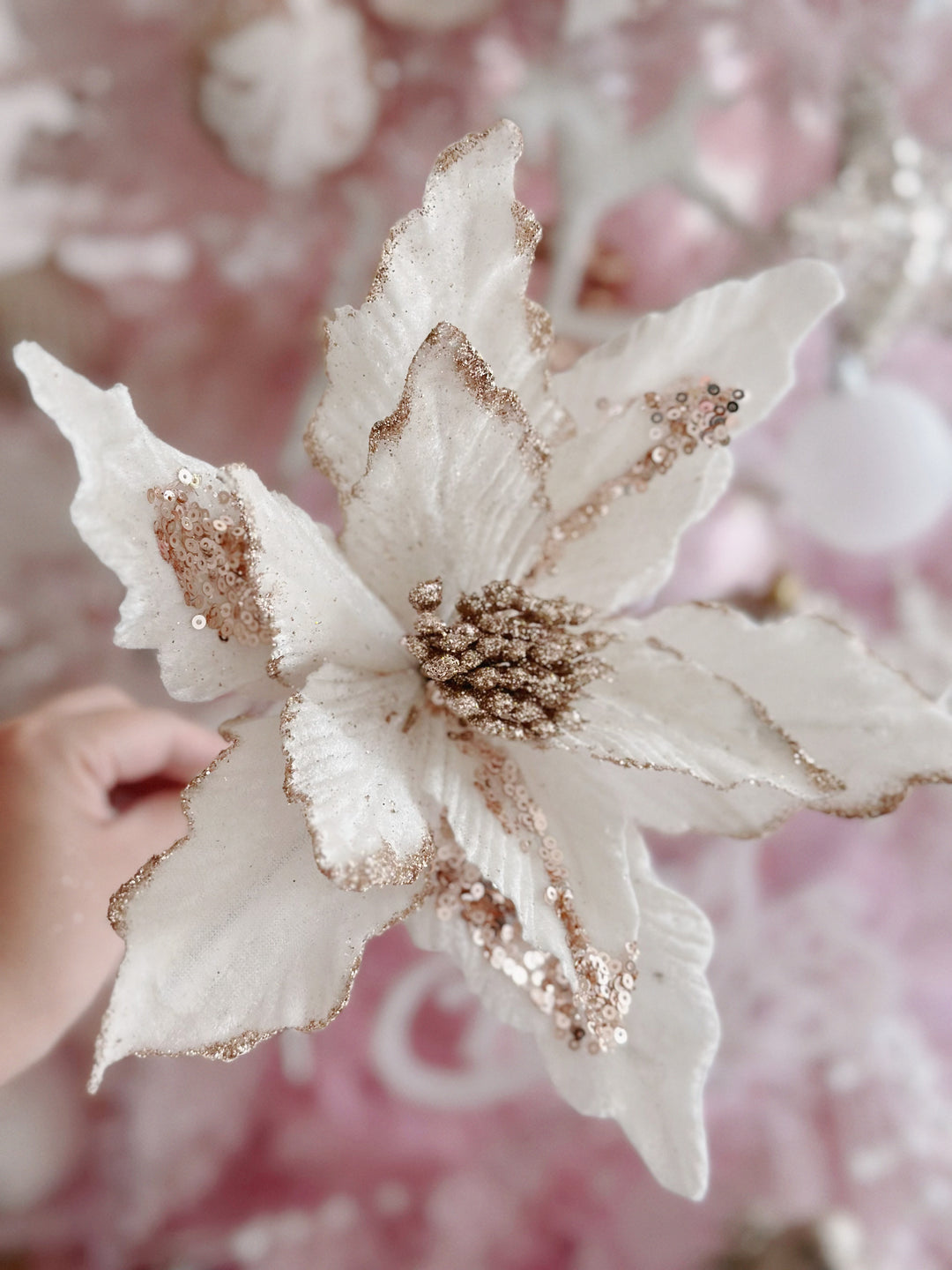 Velvety Creamy White Beaded Artificial Poinsettia