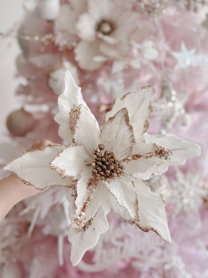 Velvety Creamy White Beaded Artificial Poinsettia