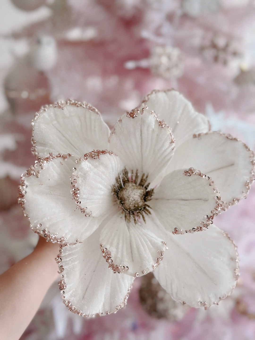 Velvet Cream White Sparkle Round-Petaled Christmas Flower