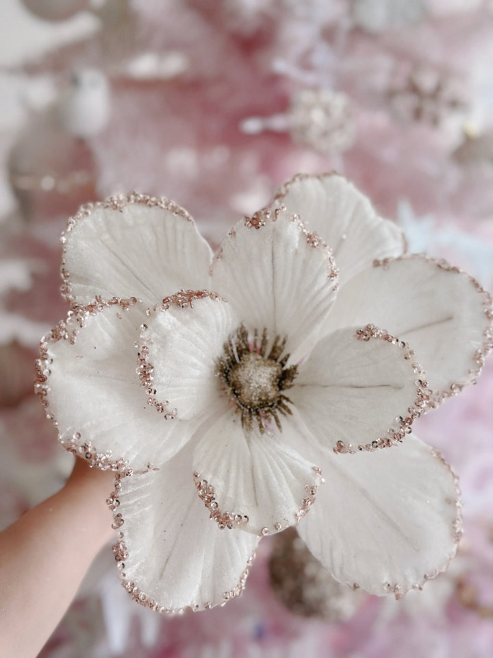 Velvet Cream White Sparkle Round-Petaled Christmas Flower