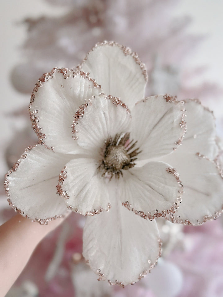 Velvet Cream White Sparkle Round-Petaled Christmas Flower