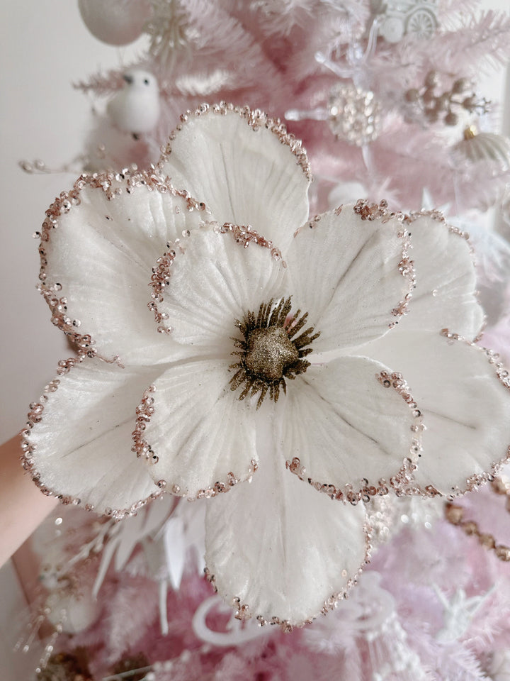 Velvet Cream White Sparkle Round-Petaled Christmas Flower