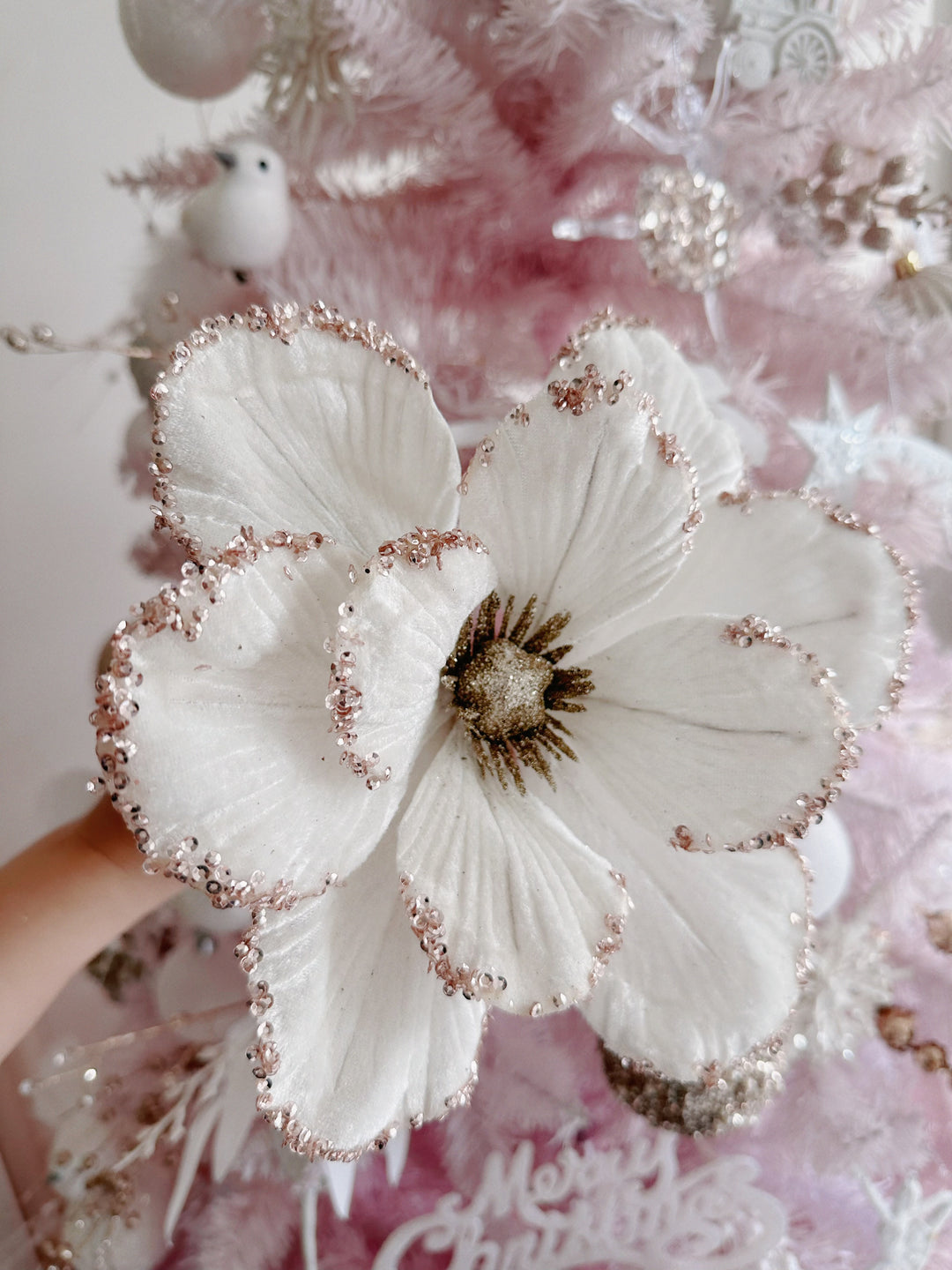 Velvet Cream White Sparkle Round-Petaled Christmas Flower