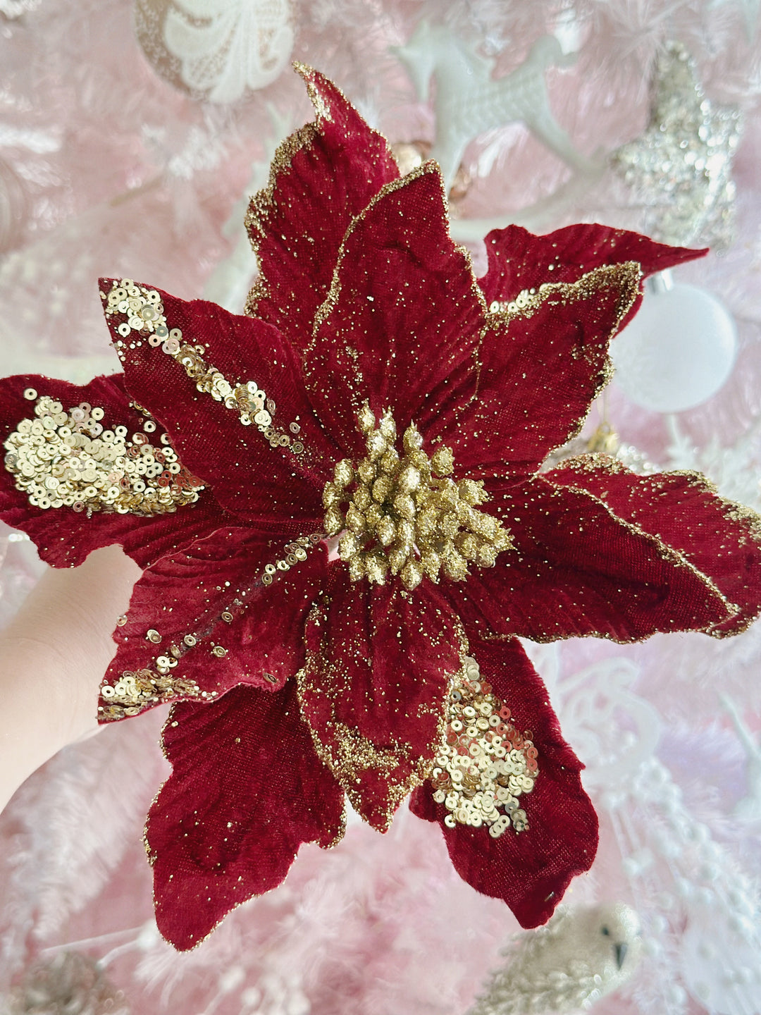 Velvety Red Beaded Artificial Poinsettia