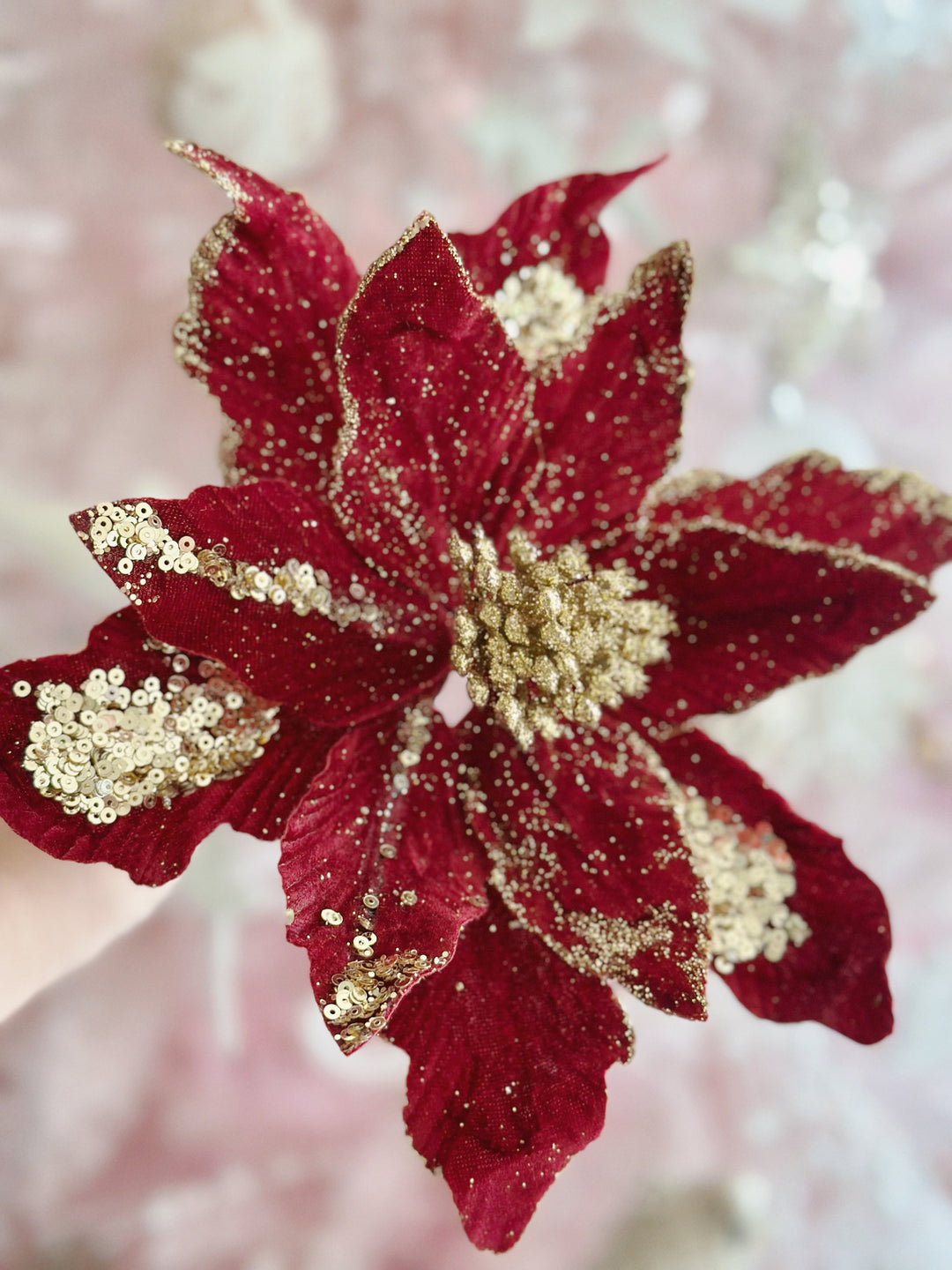 Velvety Red Beaded Artificial Poinsettia