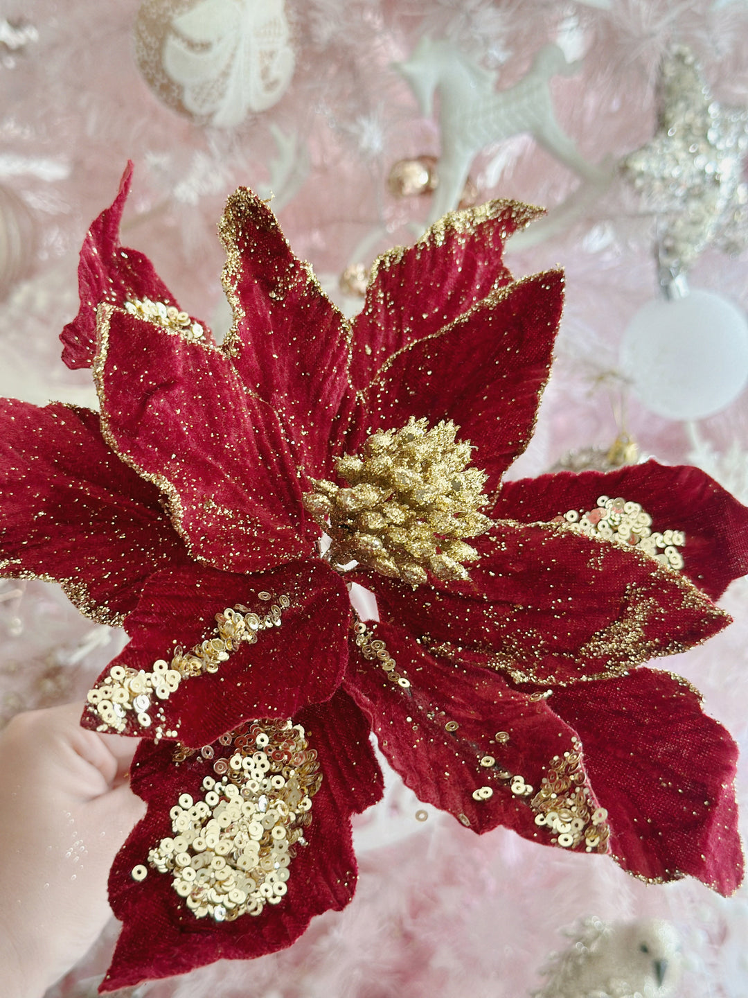 Velvety Red Beaded Artificial Poinsettia