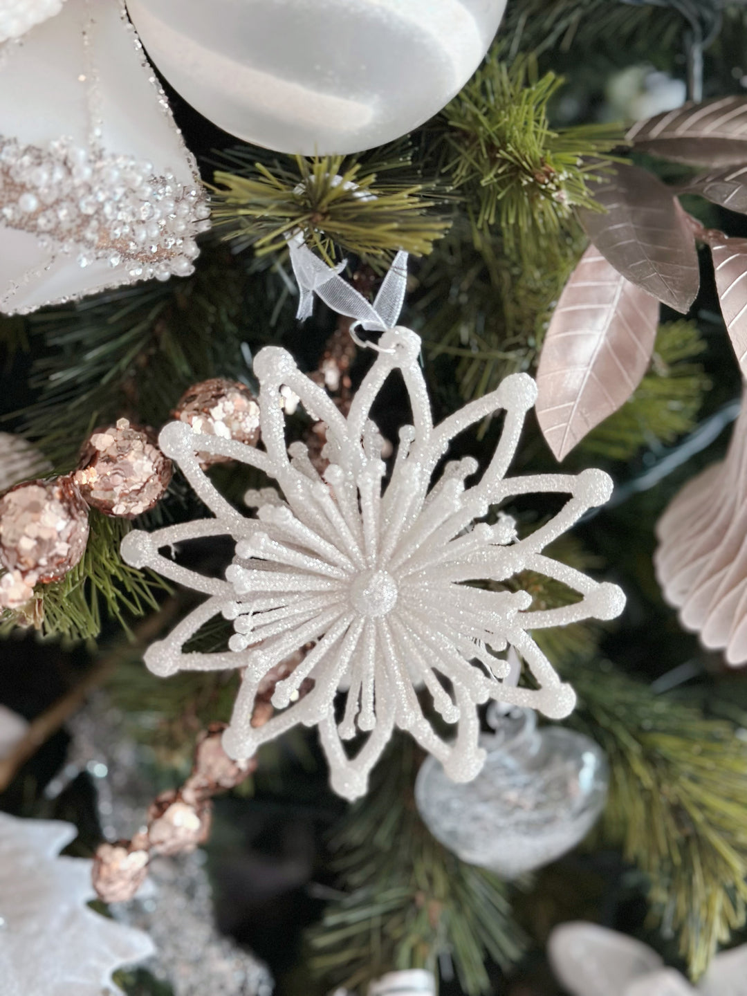 Champagne White Glittered 3D Snow Flower Ornament