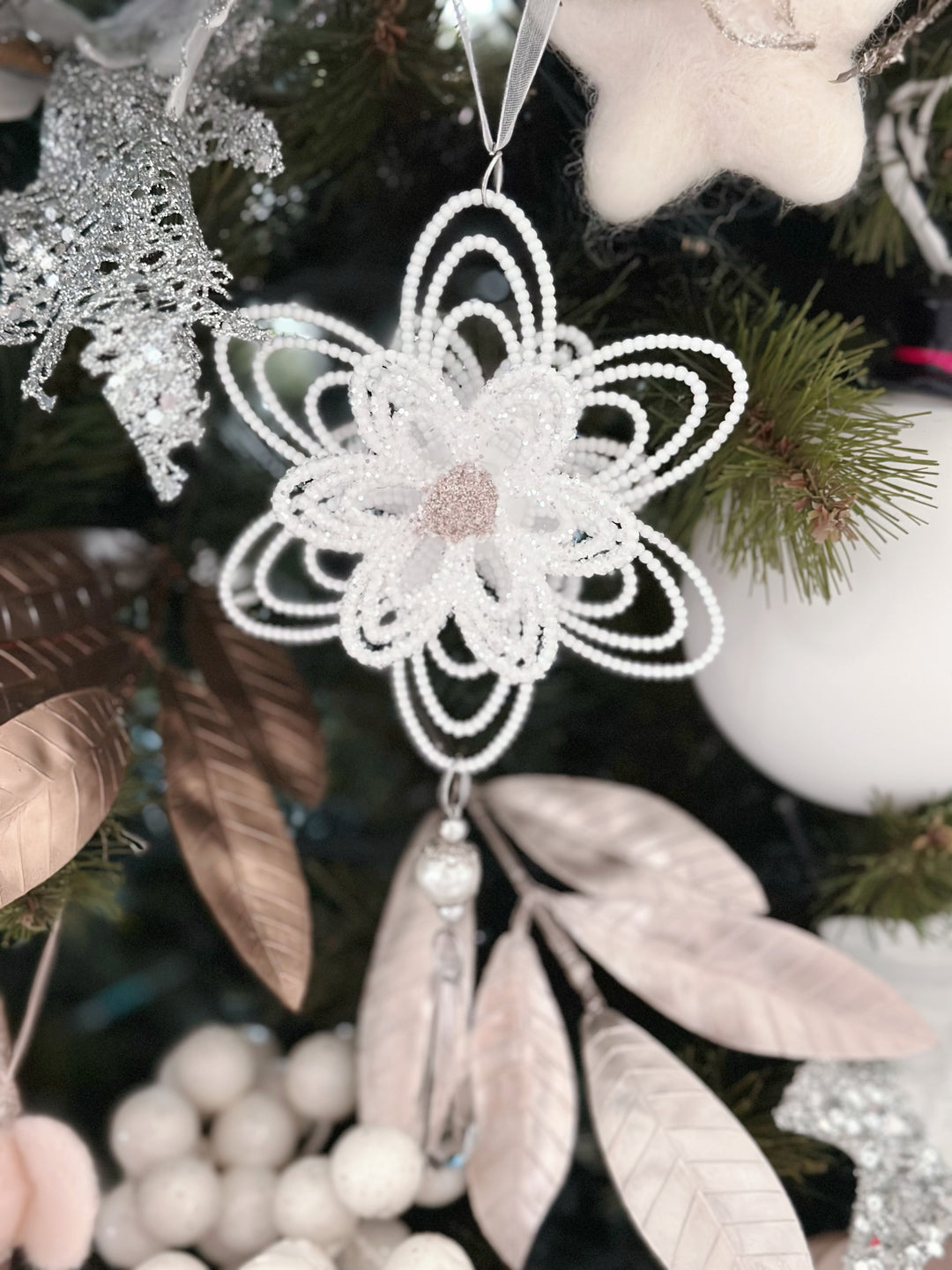 Champagne Gold Rim White Leaves Wreath Ornament