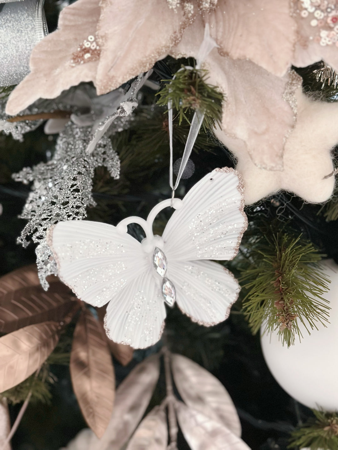 Champagne Gold Rim White Butterfly Ornament