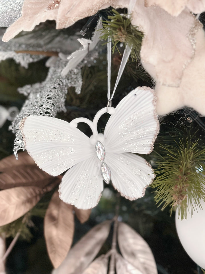 Champagne Gold Rim White Butterfly Ornament