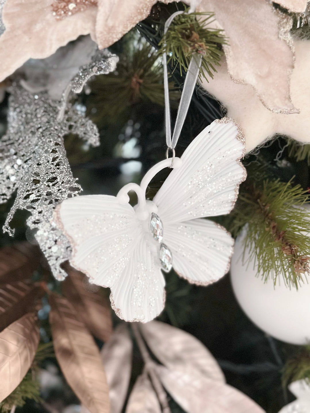 Champagne Gold Rim White Butterfly Ornament