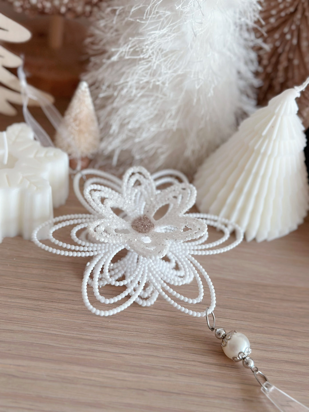 Champagne Gold Rim White Leaves Wreath Ornament