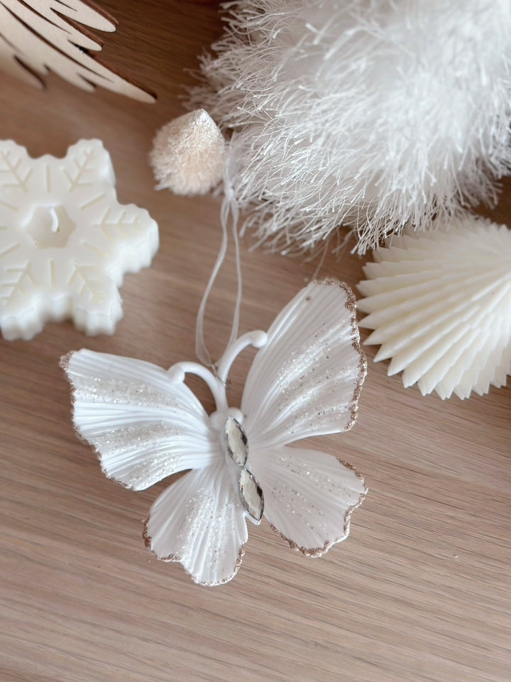 Champagne Gold Rim White Butterfly Ornament