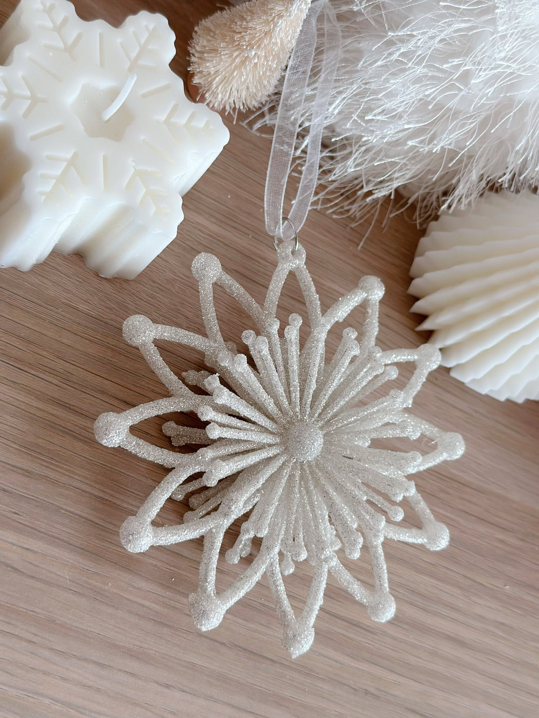 Champagne White Glittered 3D Snow Flower Ornament