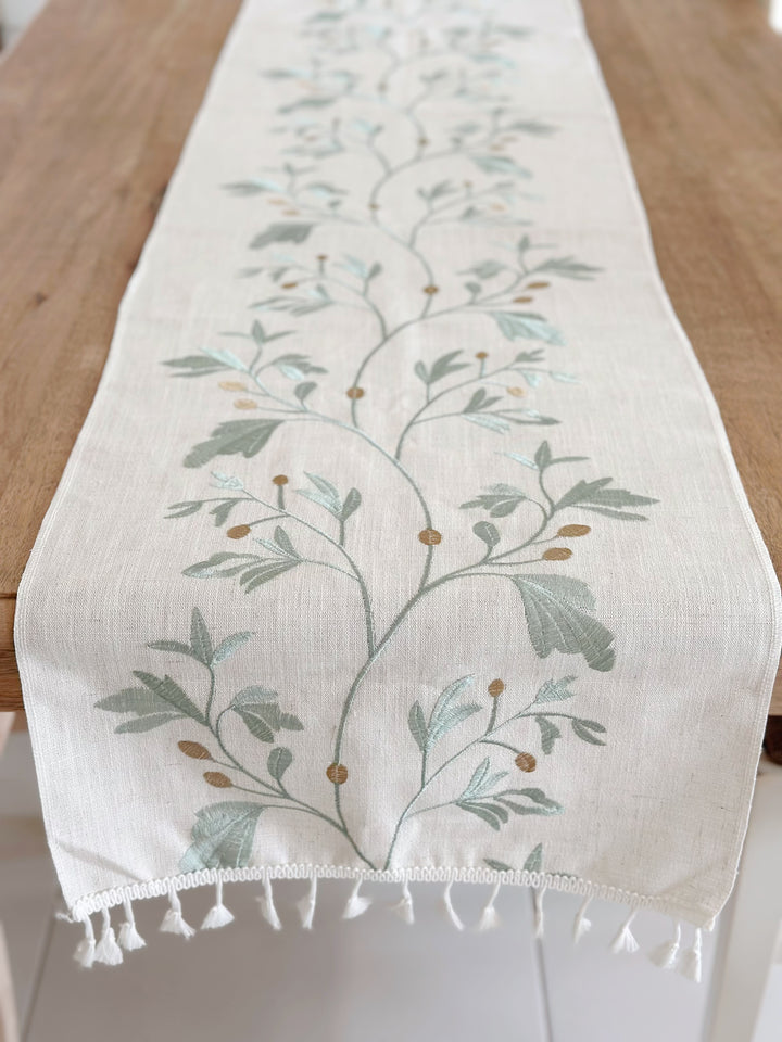 Verdant Whisper Tasseled Table Runner