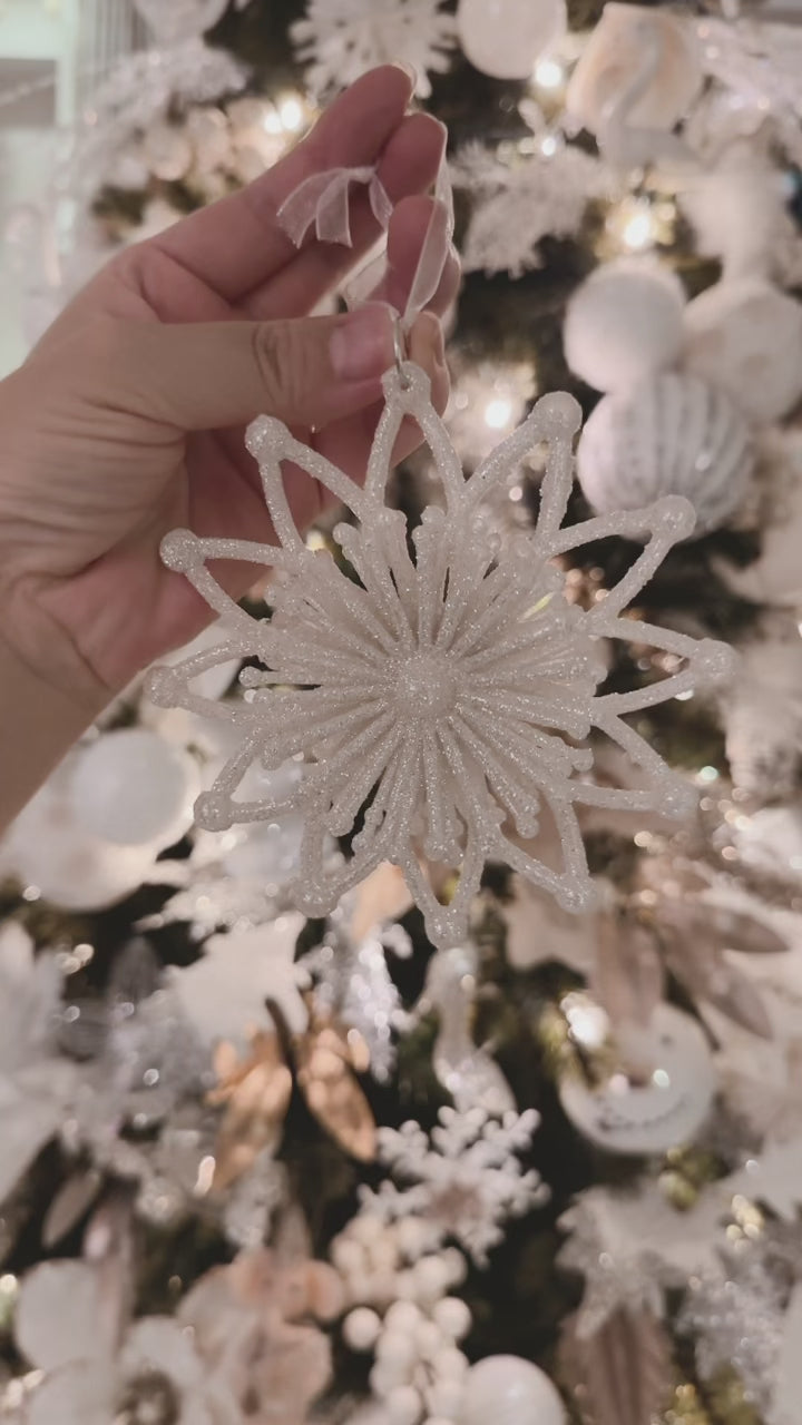 Champagne White Glittered 3D Snow Flower Ornament